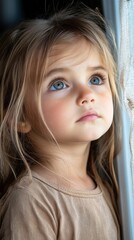 Young caucasian girl with blue eyes gazing out of a window