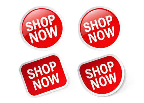 Shop now button stickers in red color for online shopping isolated on transparent background