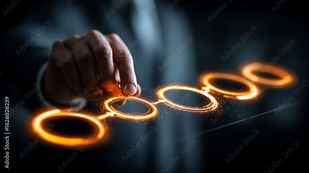 Poster hand interacting with glowing orange interconnected circles representing data or progress on a dark 
