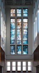Tall stained glass window, multiple panels,  blues, tans,  modern