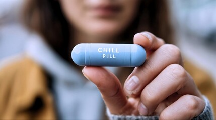 Blue chill pill held in hand outdoors
