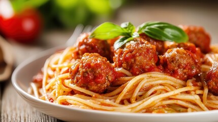 A delicious plate of spaghetti topped with meatballs and garnished with fresh basil, served on a wooden table.