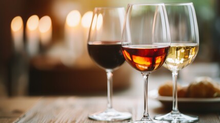 A cozy arrangement of wine glasses filled with red, white, and amber beverages, set against a softly lit background with candles.
