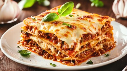 A delicious, layered lasagna topped with melted cheese and fresh basil, served on a white plate with garlic in the background.