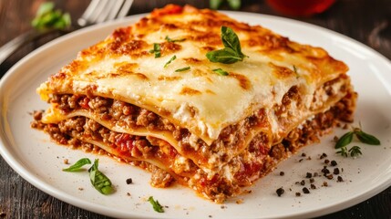 A delicious serving of lasagna, featuring layers of pasta, meat sauce, and cheese, garnished with fresh herbs on a white plate.