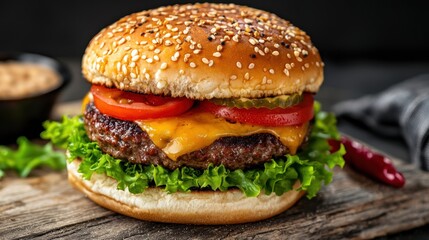 A delicious, stacked burger with a sesame seed bun, fresh lettuce, tomatoes, pickles, and melted cheese, served on a rustic wooden surface.
