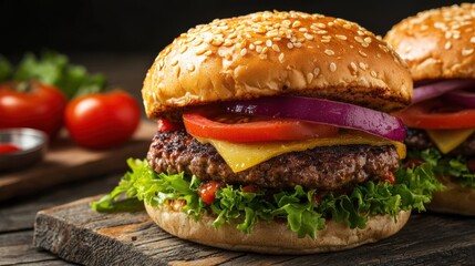 A delicious, juicy burger topped with lettuce, tomato, onion, and cheese, nestled in a sesame seed bun, perfect for a hearty meal.