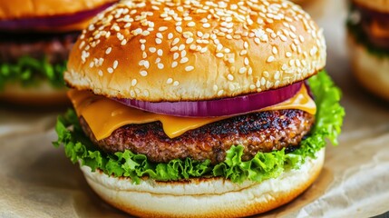 A delicious cheeseburger featuring a sesame seed bun, fresh lettuce, red onion, and melted cheese, perfect for a tasty meal.