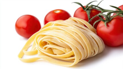 A close-up of fresh pasta nestled beside vibrant red tomatoes, showcasing ingredients perfect for a delicious Italian dish.