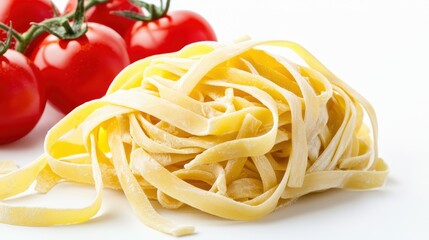 Fresh fettuccine pasta sits elegantly beside ripe, red tomatoes, showcasing the essence of Italian cuisine and vibrant ingredients.