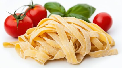 A close-up of fresh fettuccine pasta with vibrant cherry tomatoes and basil leaves, showcasing the ingredients for a delicious Italian dish.