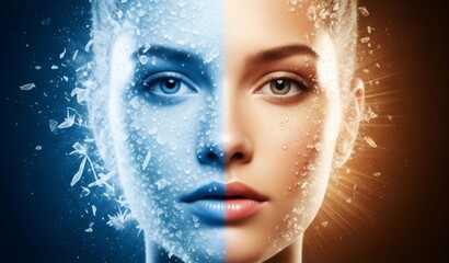 Woman with half face frozen and shattering, experiencing hot and cold temperature sensation