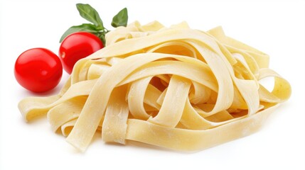 Fresh fettuccine pasta twirls elegantly with vibrant cherry tomatoes and fresh basil, creating a delicious and inviting Italian dish.