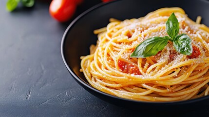 A delicious serving of spaghetti topped with fresh basil and grated cheese, presented in a stylish black bowl with tomatoes in the background.