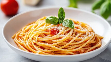 A delicious plate of spaghetti topped with fresh basil and grated cheese, served in a simple white bowl.