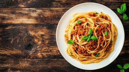 A plate of spaghetti topped with a rich meat sauce and fresh basil, set against a rustic wooden background.
