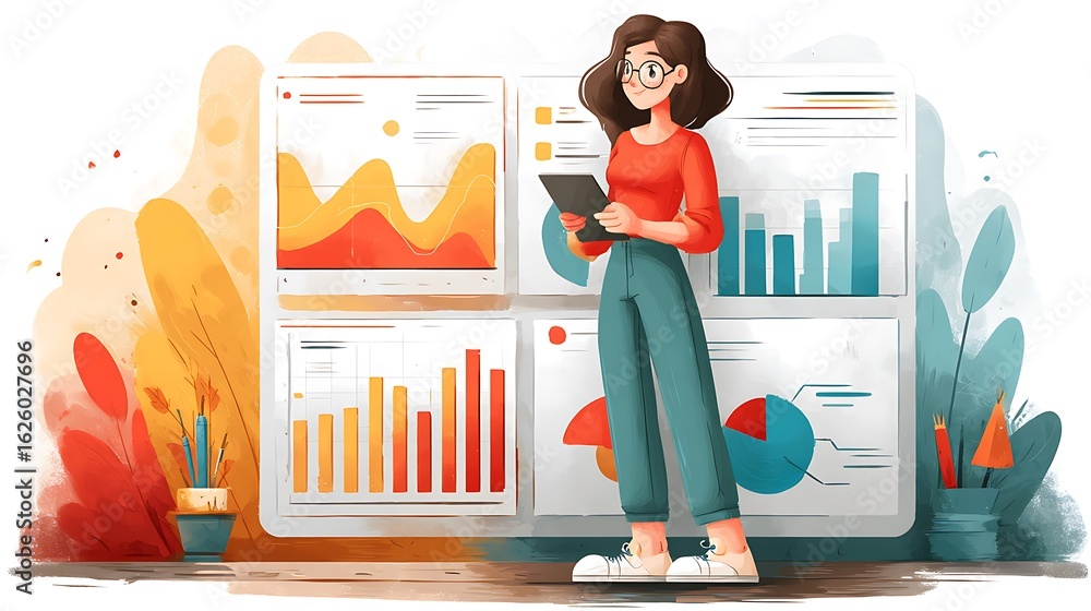 Poster woman analyzing financial charts and graphs on a digital display for business growth and data insigh