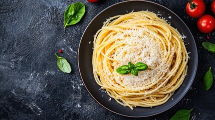 A delightful plate of spaghetti topped with grated cheese, fresh basil, and surrounded by cherry tomatoes on a textured, dark background.