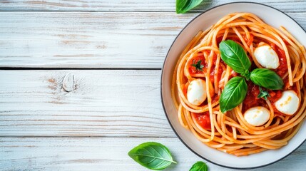 A delicious plate of spaghetti topped with fresh basil and mozzarella, served on a rustic wooden table.