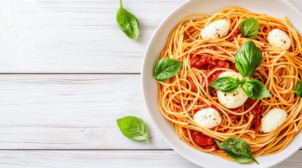 A delicious plate of spaghetti topped with fresh basil and mozzarella, served on a simple white plate against a rustic wooden background.