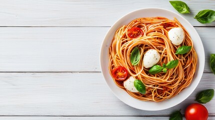 A delicious plate of spaghetti with basil, cherry tomatoes, and mozzarella, presented elegantly on a wooden surface.