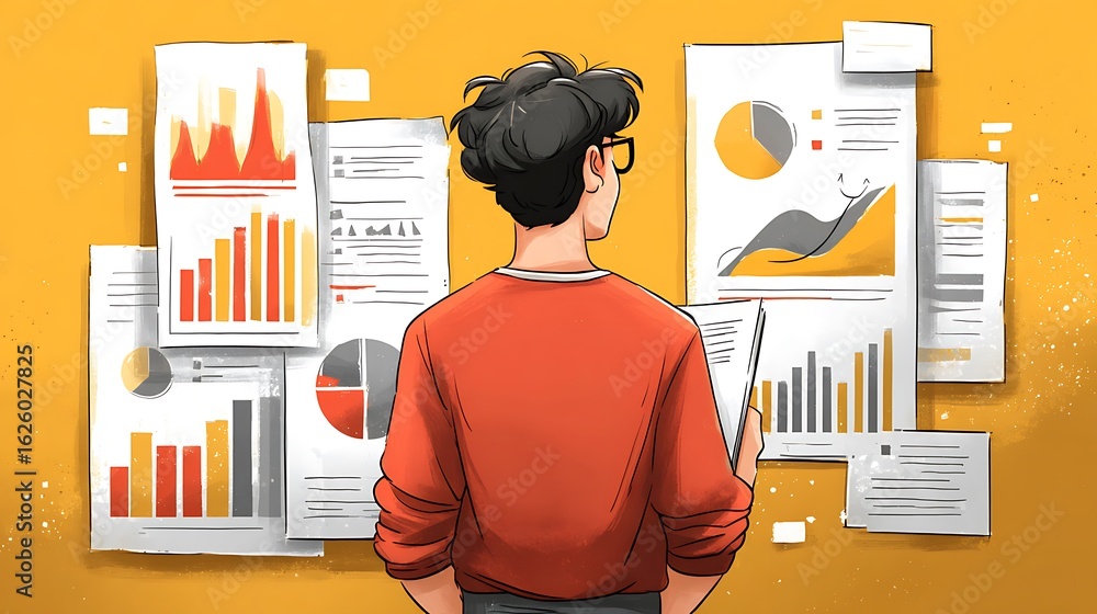 Poster young man analyzing complex financial charts and graphs showcasing data driven decision making and b