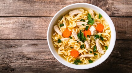 A comforting bowl of chicken noodle soup with carrots and herbs, served in a white bowl against a rustic wooden background.