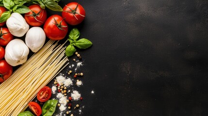 A vibrant arrangement of fresh tomatoes, basil, mozzarella, and spaghetti against a dark background, ideal for a culinary or Italian food theme.