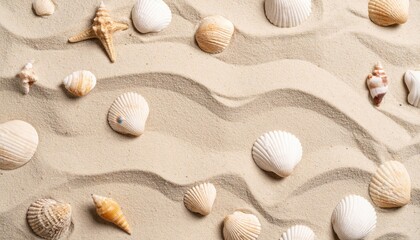 Seashells On Sandy Beach With Wave Pattern