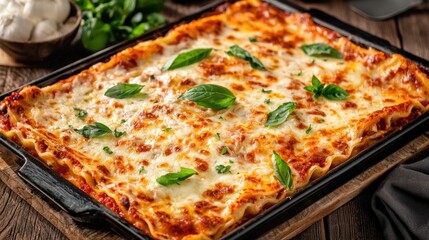 A delicious lasagna topped with fresh basil, showcasing layers of cheese and sauce, served on a rustic wooden table.