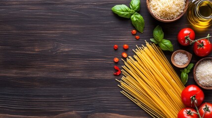 A vibrant arrangement of spaghetti, fresh tomatoes, basil, and cheese on a rustic wooden surface, conveying a delicious Italian cooking theme.