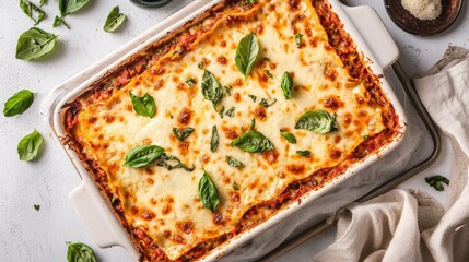 A delicious lasagna topped with fresh basil, baked to perfection, served in a white dish, and surrounded by herbs and a light kitchen setting.