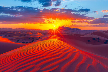 Desert sunset casting warm hues over sand dunes.