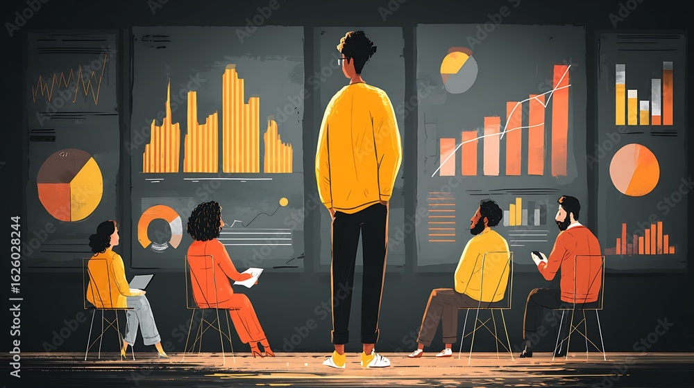 Poster diverse team collaborates on data analysis and business growth strategies in a modern office setting