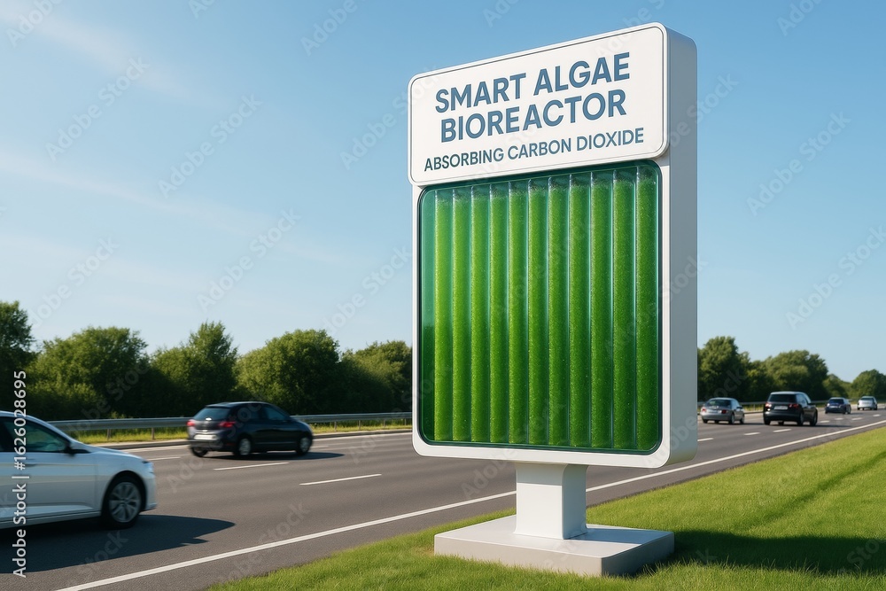 Poster smart algae bioreactor placed beside highway actively captures carbon dioxide to improve air quality