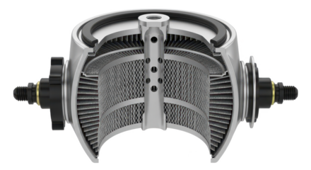 Cross-section of an automotive oil filter showing the internal pleated mesh element and components
