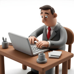 Claymation-style businessman typing on a clay laptop at a desk. Visible keys, soft clay textures, cartoon expression, seated position, soft lighting, white background.