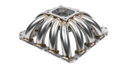 A custom performance engine intake manifold with multiple polished welded runners on white.
