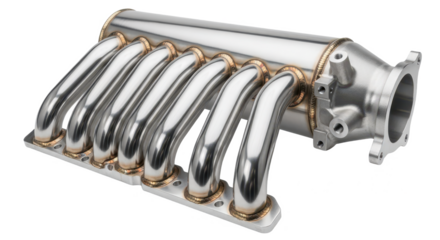 Polished stainless steel air intake manifold with multiple runners, isolated on a white background.