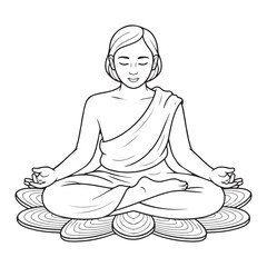 Woman meditating in lotus position on flower illustration colouring page