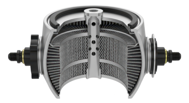 Cross-section of an automotive oil filter showing the internal pleated mesh element and components