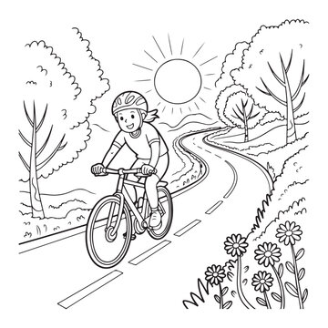 Girl riding bicycle on road with sun and trees illustration colouring page