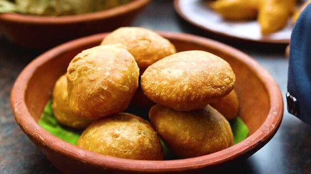 Pyaaz kachori or khasta fried indian breakfast street food