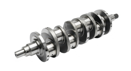A detailed steel crankshaft for an internal combustion engine, placed diagonally on a white background.