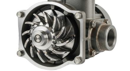 Detailed automotive water pump showcasing its shiny impeller blades and metal casing isolated