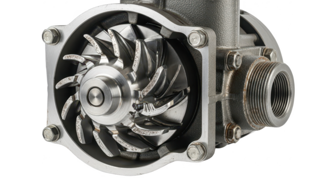 Detailed automotive water pump showcasing its shiny impeller blades and metal casing isolated