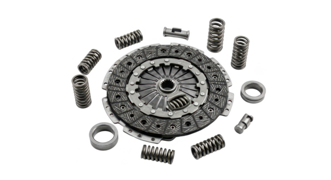 A disassembled automotive clutch plate with damper springs and friction disc parts on a white background