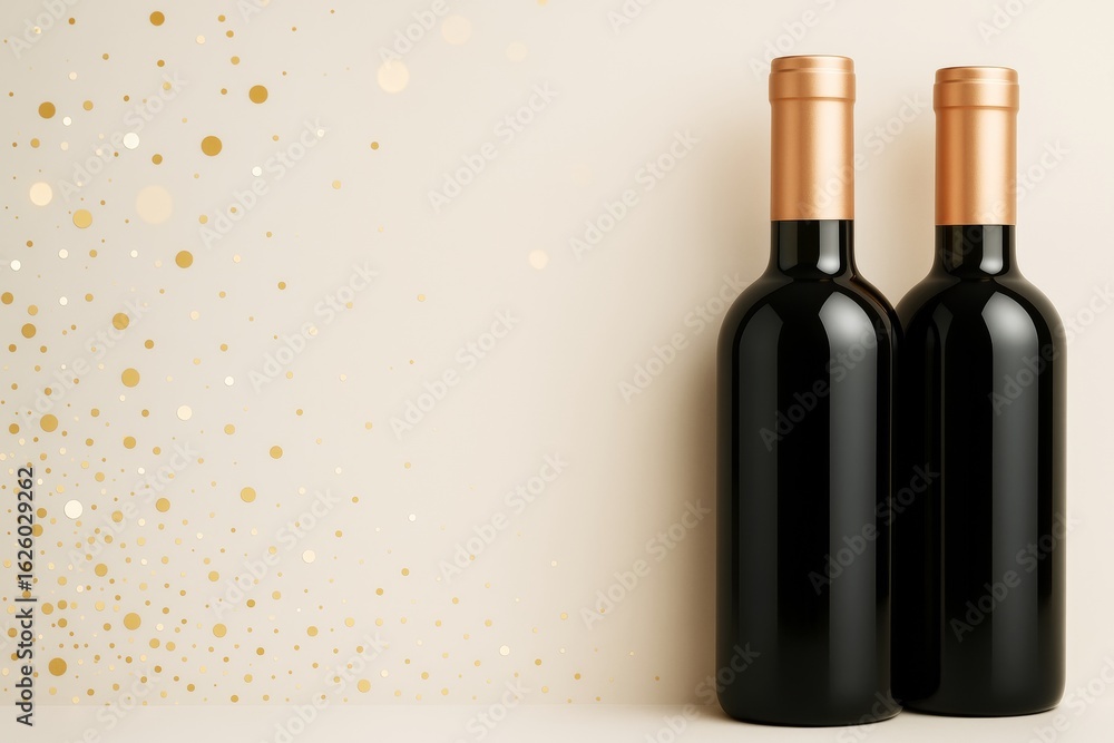 Poster two elegant wine bottles with golden caps on light background with scattered dots and copyspace for 