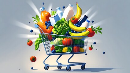 A full shopping cart overflowing with fresh produce and beverages against a light blue background groceries