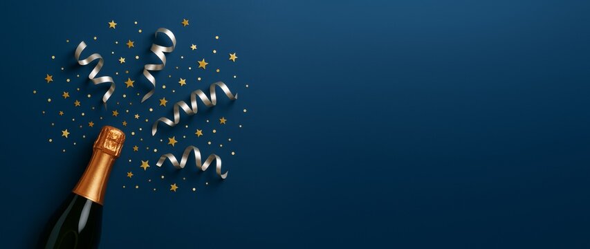Champagne bottle with golden confetti and ribbons on dark blue background with empty space for celebration banner or poster design concept template.